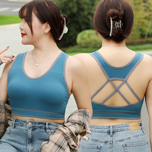 胖妹文胸大码内衣200斤纯棉无钢圈聚拢收副乳美背薄运动防震抹胸