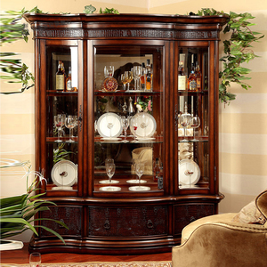 美式乡村简约实木3门酒柜奢华餐厅边柜玻璃红酒柜欧式复古餐边柜