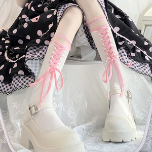日系交叉绑带小腿袜芭蕾风白粉蕾丝边中筒袜夏季洛丽塔系带袜子女
