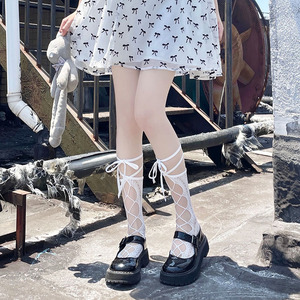 白色绑带袜子女交叉绑腿小腿袜夏季薄款渔网中筒袜jk长筒系带辣妹