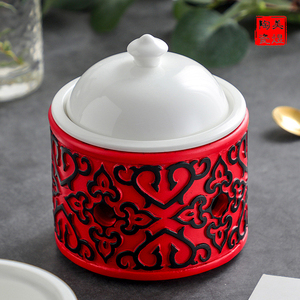 祥云浮雕宫廷风复古红色漆器陶瓷保温鱼翅炖盅狮子头特色餐具包邮
