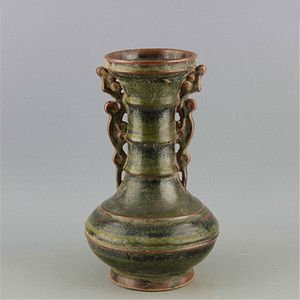 宋越窑茶叶末釉双耳盘口瓶仿古做旧宋代古瓷器 古玩古董收藏摆件