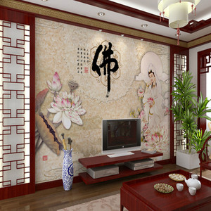 新中式佛系壁画荷花禅意养生馆壁纸菩萨佛字壁布沙发背景装饰墙布