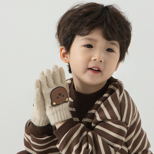 韩国儿童手套男童秋冬季宝宝五指小熊针织保暖女童分指手套小孩子