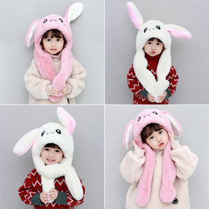 儿童连帽一体女童帽子围巾秋冬季兔耳朵会动女孩小孩男童围脖宝宝