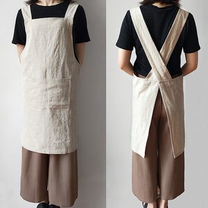 围裙家用厨房女亚麻棉麻背带交叉日式咖啡美甲师布艺夏季薄款透气