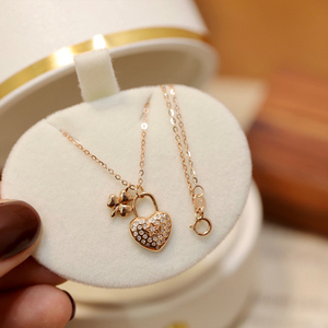 禧乐珠宝 18k金爱心锁头钻石项链 幸运三叶草锁住永恒的爱情套链