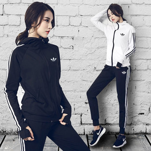 春秋季阿迪新款三叶草运动休闲大码修身长袖健身服运动服套装女