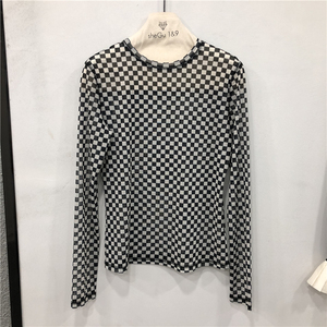 欧洲站欧货小格子打底衫网纱棋盘格t桖长袖显瘦圆领