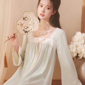 秋季宫廷风汉服睡裙蕾丝薄款睡衣长袖古风仙女齐胸襦连衣裙可外穿