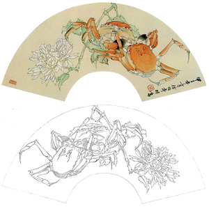 zs36工笔花鸟画螃蟹白描底稿国画花鸟小品折扇临摹线描画稿打印稿