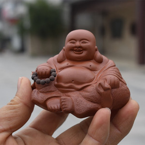 紫砂朱泥手工精品弥勒佛像摆件笑口常开如来佛弥陀小和尚茶宠雕塑
