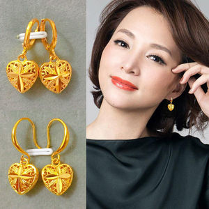 香港999真金耳环女幸福中老年桃心耳钩真金耳坠寓意福气耳饰