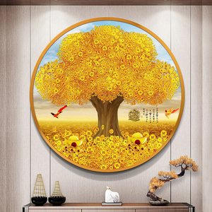 中式圆形装饰画黄金满地摇钱发财树进门玄关过道招财挂画餐厅壁画