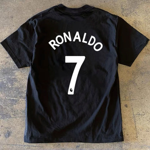 C罗7号球衣皇马队徽logo足球文化印花纯棉美式男短袖T恤黑色半袖