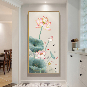 手绘油画玄关装饰画入户走廊过道挂画现代简约新中式壁画荷花九鱼