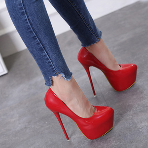 红色高跟鞋性感细跟恨天高夜店17cm超高跟防水台16cm浅口尖头单鞋
