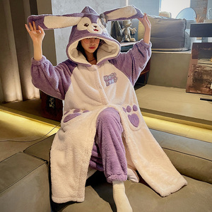 星黛露睡衣少女秋冬季加绒珊瑚绒男生长款情侣睡袍兔子睡裙家居服