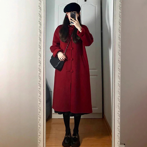 红色大衣女秋冬季高级感2024新款爆款小个子赫本风毛呢外套中长款