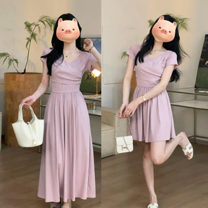 紫色连衣裙子女夏季2024新款法式气质绝美梨形身材小个子收腰长裙