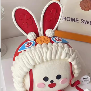 中式醒狮兔子兔头帽国潮风周岁蛋糕装饰摆件满月啦配件舞狮插件
