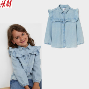hm童装中大童女童2022春季新款棉质长袖有领水洗牛仔衬衫0995378