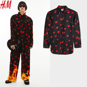 hm女装心形印花宽松衬衣2022春季新款斜纹布尖领长袖衬衫1067767