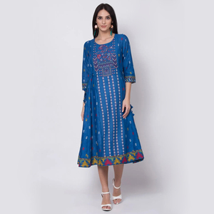 biba正品 印度民族风女装品牌 墨蓝色印花七分袖纯棉连衣裙 2020