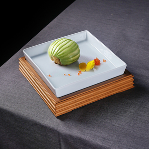 时尚主题餐厅冷菜凉菜异形四方盘子特色正方碗配木托创意餐具包邮