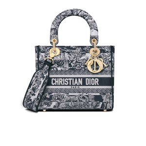 dior/迪奥女士海军蓝色条纹茹伊印花刺绣中号戴妃包手提包
