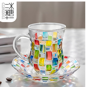 彩色手绘彩绘设计师玻璃杯咖啡杯带把手茶杯碟子编织水晶两件套装