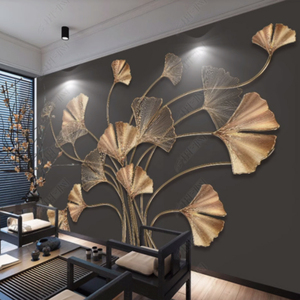 3D北欧手绘植物竹木纤维客厅电视背景墙集成墙板芭蕉叶抽象碳晶板