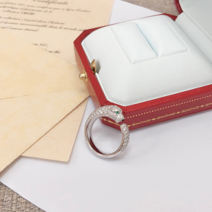 二手cartier卡地亚窄版满钻豹子头51号白金头尾镶钻戒指