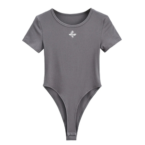 时尚欧美夏季新品圆领连裆女t恤简约弹力修身三角连身连体打底衫