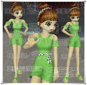 劲舞团夏季女套装搭配艳丽绿色yy头发 上下衣服裤子 鞋 7天月永久