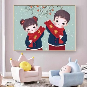 纯手工十字绣成品美满如意金童玉女中国风式装饰画人工绣好的出售