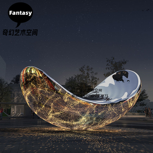 不锈钢船雕塑定制镜面水波纹小船售楼部发光镂空枫叶艺术水景摆件