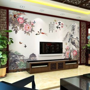 新中式客厅山水画沙发电视背景墙壁纸8d壁布家和富贵无缝墙布定制