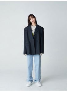韩国代购东大门2021设计师新款西装领单排扣男友风羊毛西服外套女