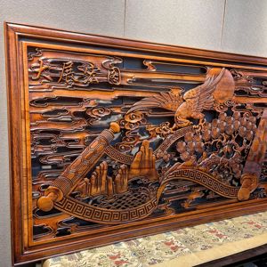 东阳木雕挂件香樟木雕刻木刻画中式客厅办公室书房装饰画大展宏图