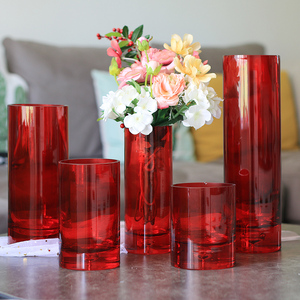 红色玻璃花瓶大号富贵竹直筒现代简约婚庆装饰鲜花花器结婚礼物