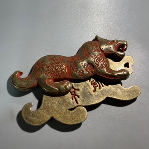 包邮仿古纯黄铜复古虎符印章兵符权利信物实心摆件二合一铜器摆件