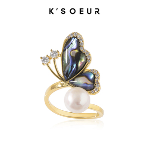 K姐 天然淡水珍珠 蝴蝶戒指 小众设计开口指环