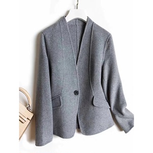 韩国双面羊毛大衣女秋冬新款修身短款时尚无领一粒扣灰色羊绒外套