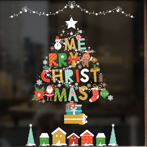 圣诞树圣诞节日雪景下雪花橱窗贴玻璃贴静电贴场景英文五星店铺门