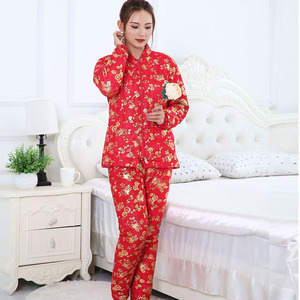 手工纯棉花棉袄棉裤套装女冬季中长款加厚保暖棉衣新娘结婚红棉服