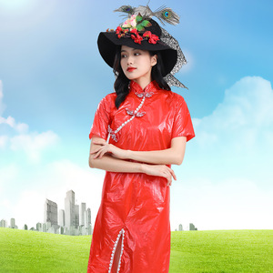 秋冬成人环保旗袍编织袋礼服定制舞台表演服梯台秀红塑料袋亲子服