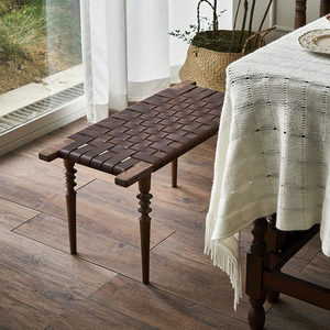 法式复古实木换鞋凳家用门口入户玄关长条凳vintage真皮编织方凳