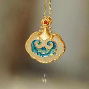 新中式国风和田玉石吊坠纯银祥云长命锁复古琵琶饰品如意毛衣项链