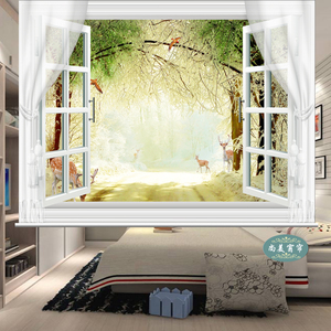 定制3D假窗麋鹿风景图案窗帘卷帘画卧室客厅装饰遮阳遮光拉珠卷轴